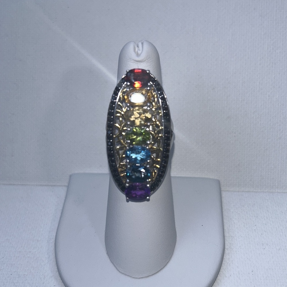 Genuine Multi Gemstone Gold & Sterling Silver Designer Chakra Ring Boho